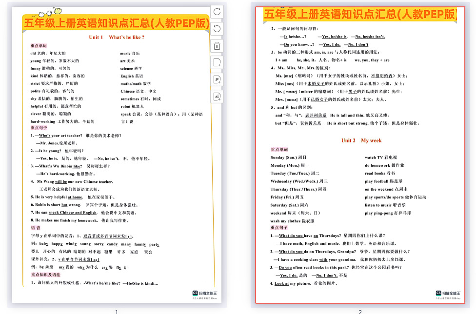 五年级上册英语知识点汇总（人教PEP版）1-6单元