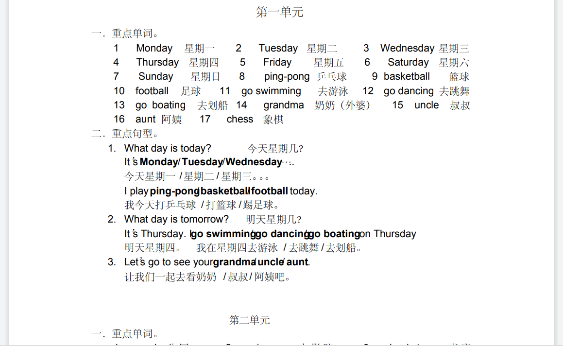 小学二年级上英语重点单词和句型